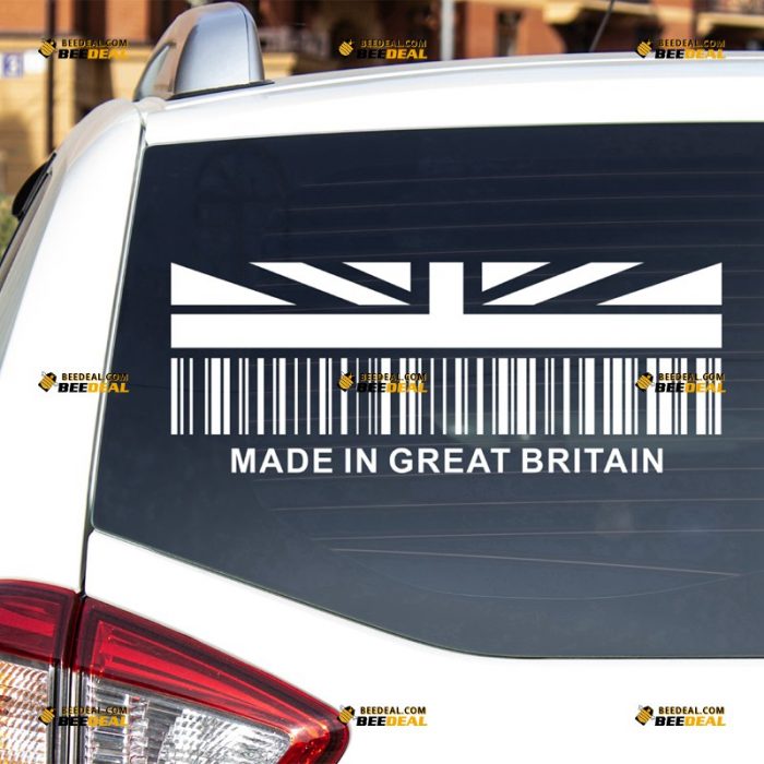 Made In Great Britain Sticker Decal Vinyl, UK British Union Jack Flag, Funny UPC Barcode – For Car Truck Bumper Bike Laptop – Custom, Choose Size Color – Die Cut No Background 7331544