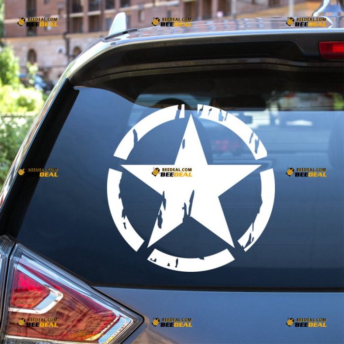 Army Star Sticker Decal Vinyl, World War, Willys, Distressed Tattered – Fit For Ford Chevy GMC Toyota Jeep Car Pickup Truck – Custom, Choose Size Color – Die Cut No Background 63032044