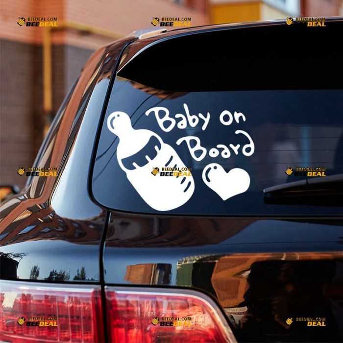 Baby On Board Sticker Decal Vinyl, Kid In Car, Feeding Bottle And Heart – For Car Truck Bumper Window – Custom, Choose Size Color – Die Cut No Background 63031602