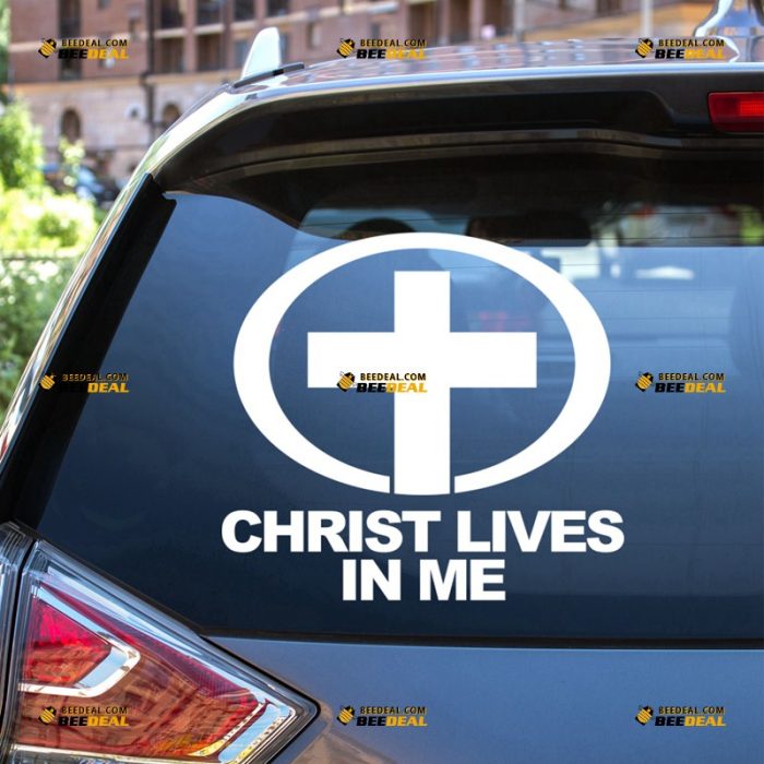 Christ Sticker Decal Vinyl, Christ Lives In Me Phrase, Jesus Cross, God Christian – For Car Truck Bumper Bike Laptop – Custom, Choose Size Color – Die Cut No Background