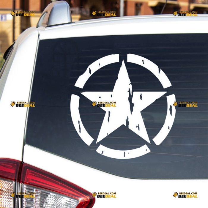 Army Star Sticker Decal Vinyl, WW2 Willys, Distressed Tattered – Fit For Ford Chevy GMC Toyota Jeep Car Pickup Truck – Custom, Choose Size Color – Die Cut No Background 63031901