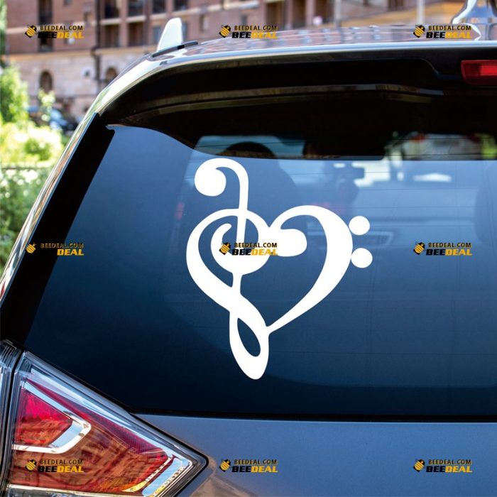 Music Sticker Decal Vinyl, Bass Treble Clef, Heart Love – Custom, Choose Size Color – For Car Laptop Window Boat – Die Cut No Background 062831026