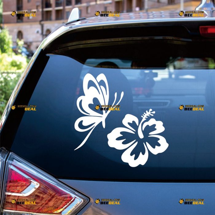 Hibiscus Sticker Decal Vinyl, Butterfly And Flower, Outline, Single Color – Custom, Choose Size Color – For Car Laptop Window Boat – Die Cut No Background 062831228