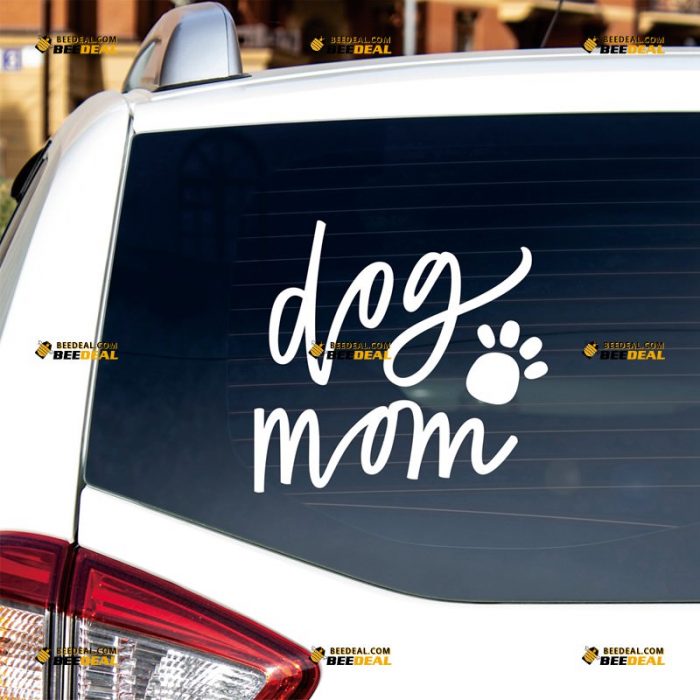 Dog Mom Sticker Decal Vinyl, Paw Print, Handwriting Text – Custom Choose Size Color – For Car Laptop Window Boat – Die Cut No Background 062631311