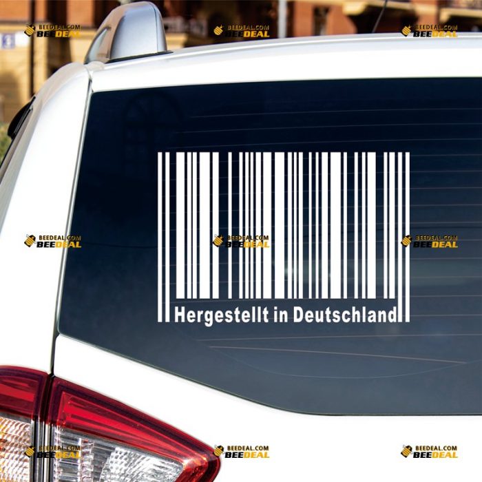 Made in Germany Sticker Decal Vinyl, Hergestellt In Deutschland, Funny UPC Barcode – Custom, Choose Size Color – For Car Laptop Window Boat – Die Cut No Background