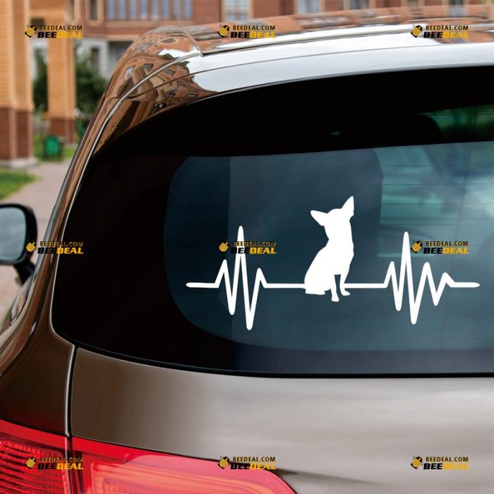 Chihuahua Sticker Decal Vinyl, I Love My Dog, Heartbeat – Custom Choose Size Color – For Car Laptop Window Boat – Die Cut No Background