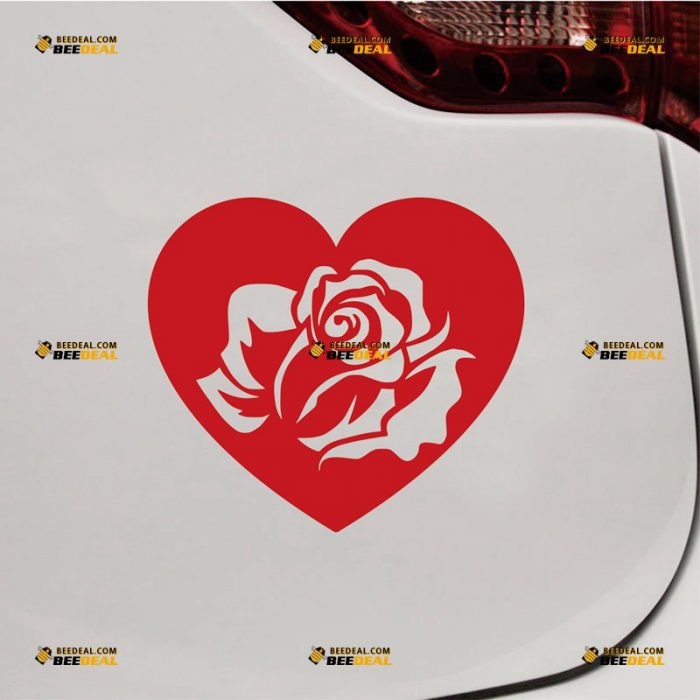 Rose Sticker Decal Vinyl, Heart Love Flower, Single Color – Custom Choose Size Color – For Car Laptop Window Boat – Die Cut No Background 062631302