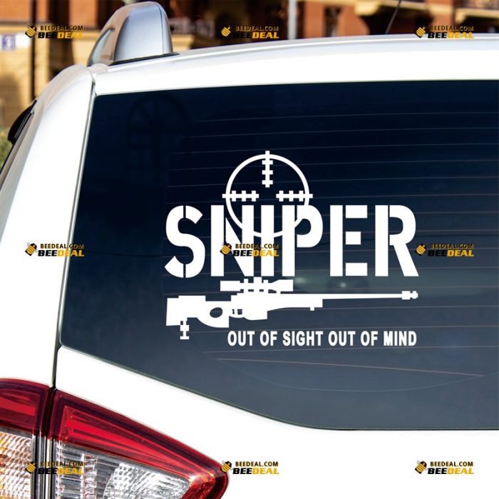 Sniper Sticker Decal Vinyl, Scope Sight, Rifle Gun, Army Military, Out of Sight, Out Of Mind – Custom, Choose Size Color – For Car Laptop Window Boat – Die Cut No Background