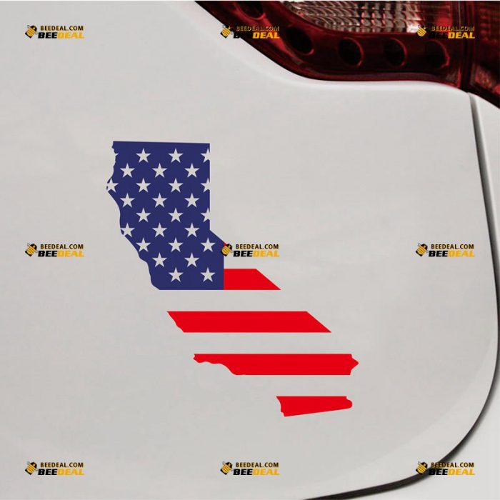 California Sticker Decal Vinyl, State Map And American Flag – Custom Choose Size – For Car Laptop Window Boat – Die Cut No Background