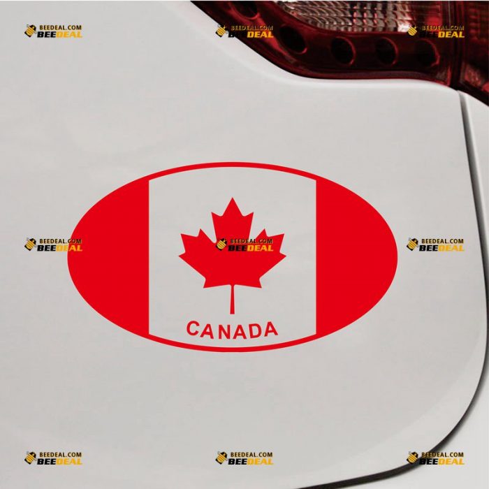 Canada Sticker Decal Vinyl, Oval Canadian Flag Maple Leaf – Custom Choose Size Color – For Car Laptop Window Boat – Die Cut No Background