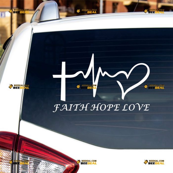 Faith Hope Love Sticker Decal Vinyl, Heart Beat, Jesus Cross – Custom Choose Size Color – For Car Laptop Window Boat – Die Cut No Background 062630904