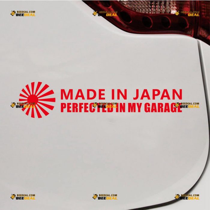 Made In Japan Sticker Decal Vinyl, Perfected In My Garage, Round Japanese Rising Sun JDM, Fit for Honda Toyota Mazda Nissan Subaru – Custom Choose Size Color – For Car Laptop Window Boat – Die Cut No Background