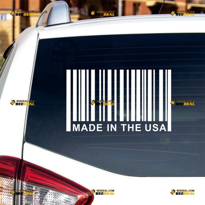 Made In The USA Sticker Decal Vinyl, UPC Barcode, American Made – Custom Choose Size Color – For Car Laptop Window Boat – Die Cut No Background