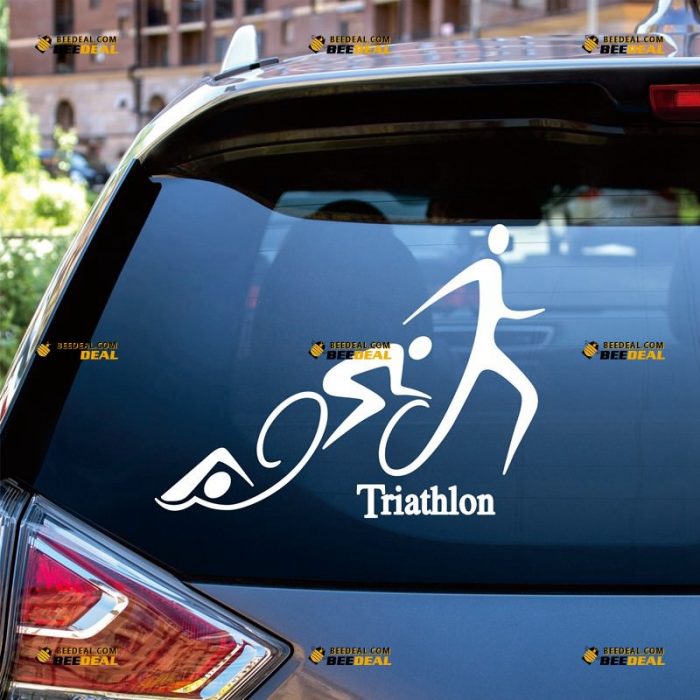 Triathlon Sticker Decal Vinyl, Swimming Cycling Running Triathlete – Custom Choose Size Color – For Car Laptop Window Boat – Die Cut No Background 062530937