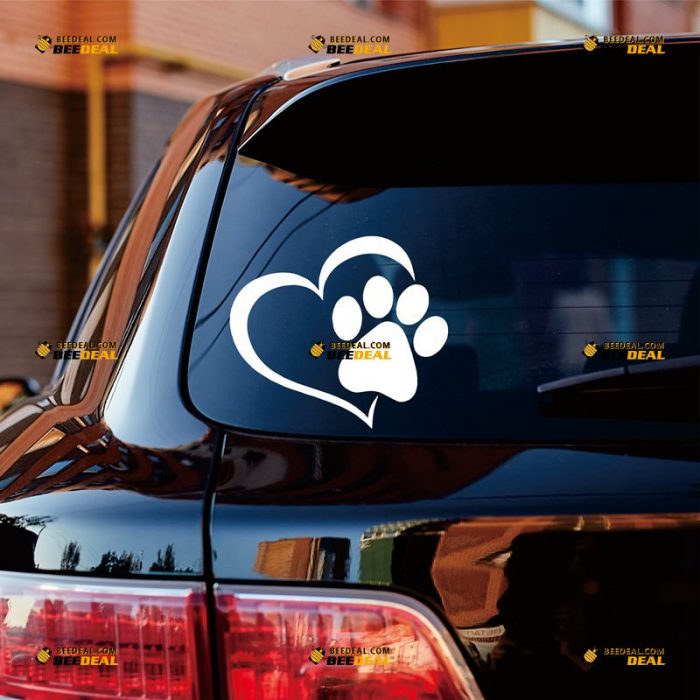 Paw Print Sticker Decal Vinyl, Love Pet Dog, Heart Shaped – Custom Choose Size Color – For Car Laptop Window Boat – Die Cut No Background 062331926