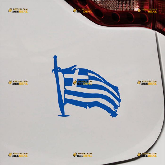 Greek Flag Sticker Decal Vinyl, Ancient Greece, Sword And War – Custom Choose Size Color – For Car Laptop Window Boat – Die Cut No Background