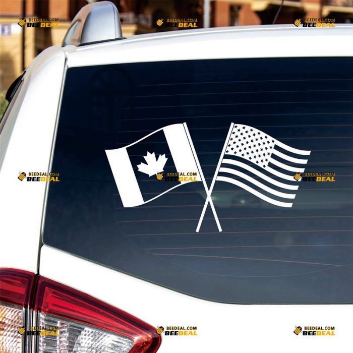 Canadian Flag Sticker Decal Vinyl, Crossed American Flag, Single Color – Custom Choose Size Color – For Car Laptop Window Boat – Die Cut No Background