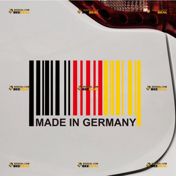 Made In Germany Sticker Decal Vinyl, Funny UPC Barcode, German Flag Colored, Fit for VW BMW Benz Audi Porsche – Custom Choose Size – For Car Laptop Window Boat – Die Cut No Background