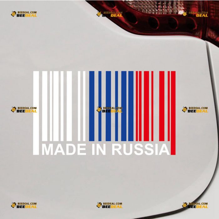 Made In Russia Sticker Decal Vinyl, Russian Flag Color, UPC Barcode – Custom Choose Size – For Car Laptop Window Boat – Die Cut No Background