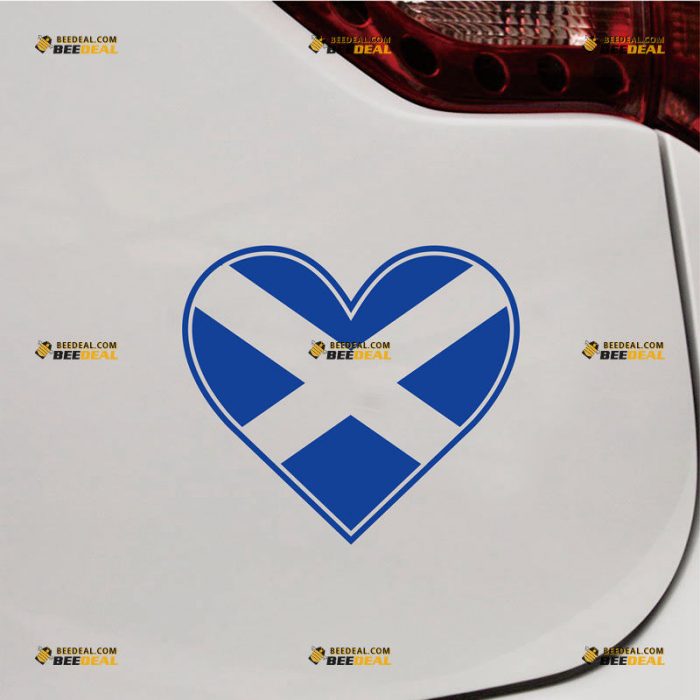 Scottish Flag Sticker Decal Vinyl, Love Scotland, Heart Shaped – Custom Choose Size Color – For Car Laptop Window Boat – Die Cut No Background