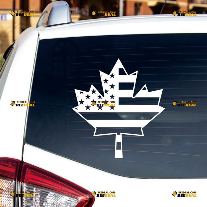 Maple Leaf Sticker Decal Vinyl, American Flag, Canadian Merged – Custom Choose Size Color – For Car Laptop Window Boat – Die Cut No Background