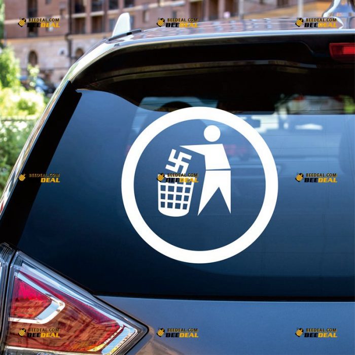 Anti-Nazi Sticker Decal Vinyl No Racism Put Nazi In Garbage Can – Custom Choose Size Color – For Car Laptop Window Boat – Die Cut No Background