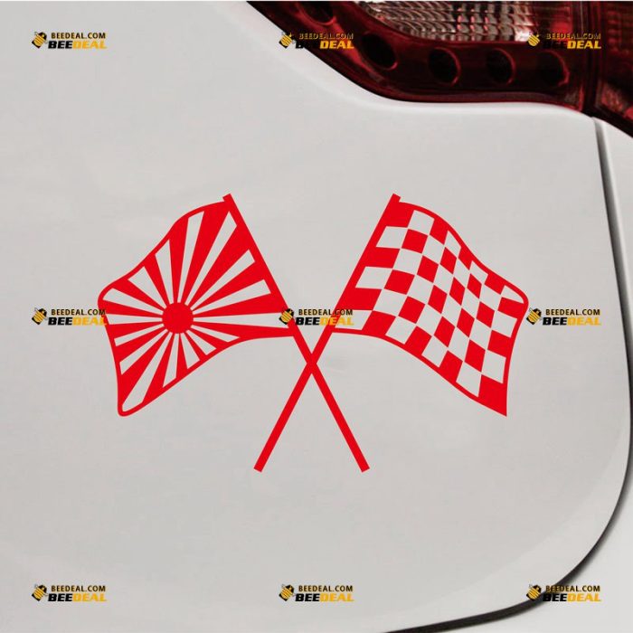 Crossed Rising Sun Checkered Flag Sticker Decal Vinyl Japanese JDM Racing Car Sports – Custom Choose Size Color – For Car Laptop Window Boat – Die Cut No Background