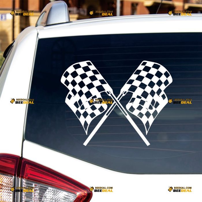 Crossed Checkered Flags Sticker Decal Vinyl Racing Car Sports – Custom Choose Size Color – For Car Laptop Window Boat – Die Cut No Background