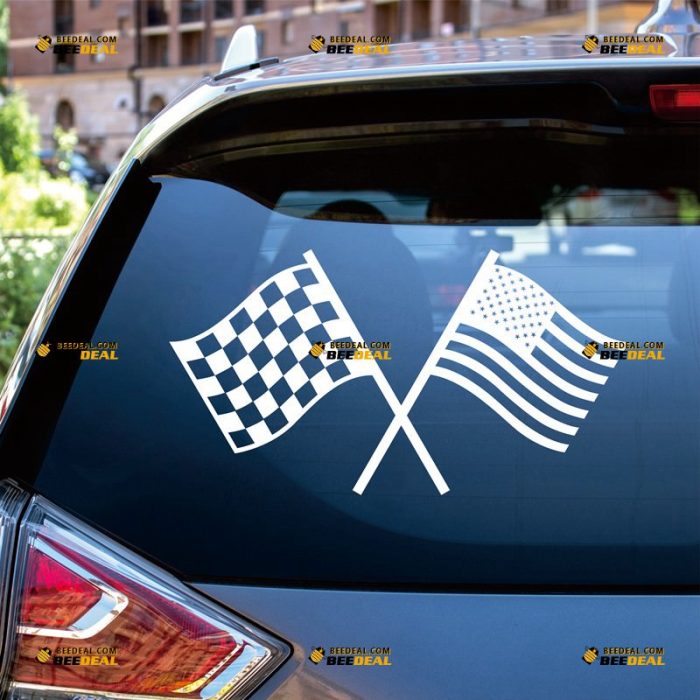 Crossed Checkered American Flag Sticker Decal Vinyl Racing Car Sports – Custom Choose Size Color – For Car Laptop Window Boat – Die Cut No Background