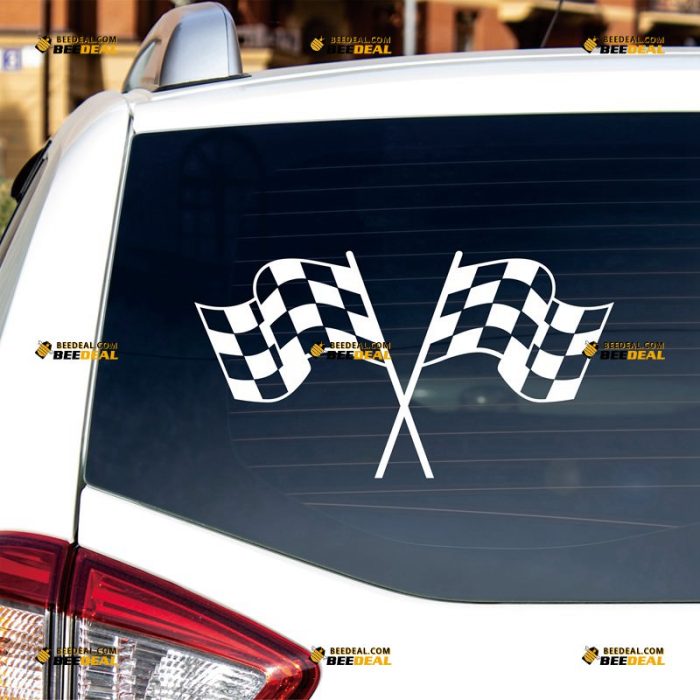 Crossed Checkered Flag Sticker Decal Vinyl Racing Car Sports – Custom Choose Size Color – For Car Laptop Window Boat – Die Cut No Background