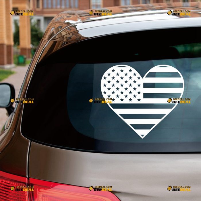 Heart Shaped American Flag Sticker Decal Vinyl Love USA – Custom Choose Size Color – For Car Laptop Window Boat – Die Cut No Background