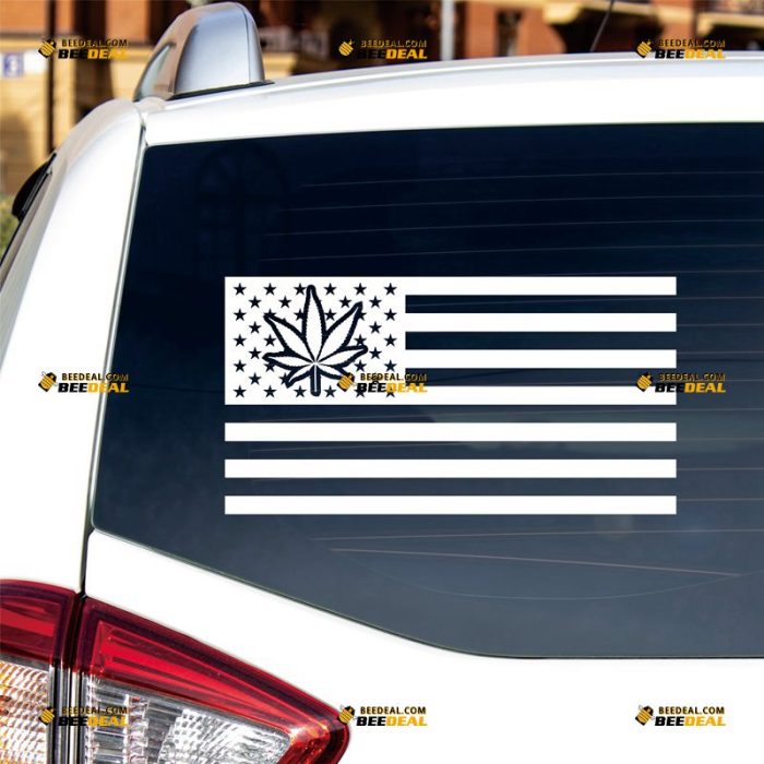 Marijuana Leaf American Flag Sticker Decal Vinyl – Custom Choose Size Color – For Car Laptop Window Boat – Die Cut No Background