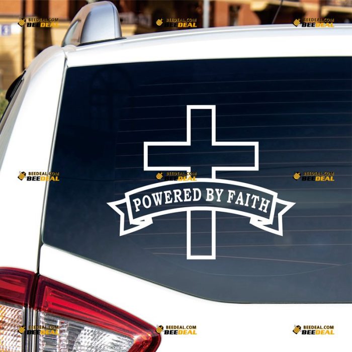 Powered By Faith Jesus Cross Sticker Decal Vinyl Christ God – Custom Choose Size Color – For Car Laptop Window Boat – Die Cut No Background