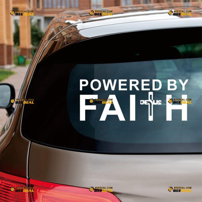 Jesus Cross Powered By Faith Sticker Decal Vinyl God Christ – Custom Choose Size Color – For Car Laptop Window Boat – Die Cut No Background