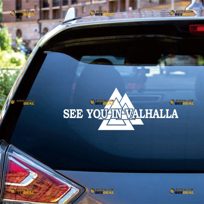 See You In Valhalla Sticker Decal Vinyl, Viking Norse Valknut – Custom Choose Size Color – For Car Laptop Window Boat – Die Cut No Background