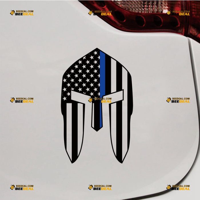 Thin Blue Line Flag Spartan Helmet Sticker Decal Vinyl Sparta American – Custom Choose Size – For Car Laptop Window Boat – Die Cut No Background