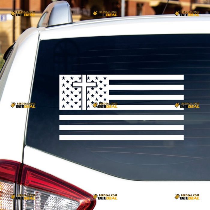 Jesus Cross American Flag Sticker Decal Vinyl Christian God – Custom Choose Size Color – For Car Laptop Window Boat – Die Cut No Background 082302