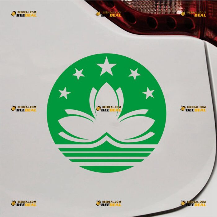 Macau Flag Sticker Decal Vinyl Lotus Round, Custom Choose Size Color, For Car Laptop Window Boat, Die Cut No Background