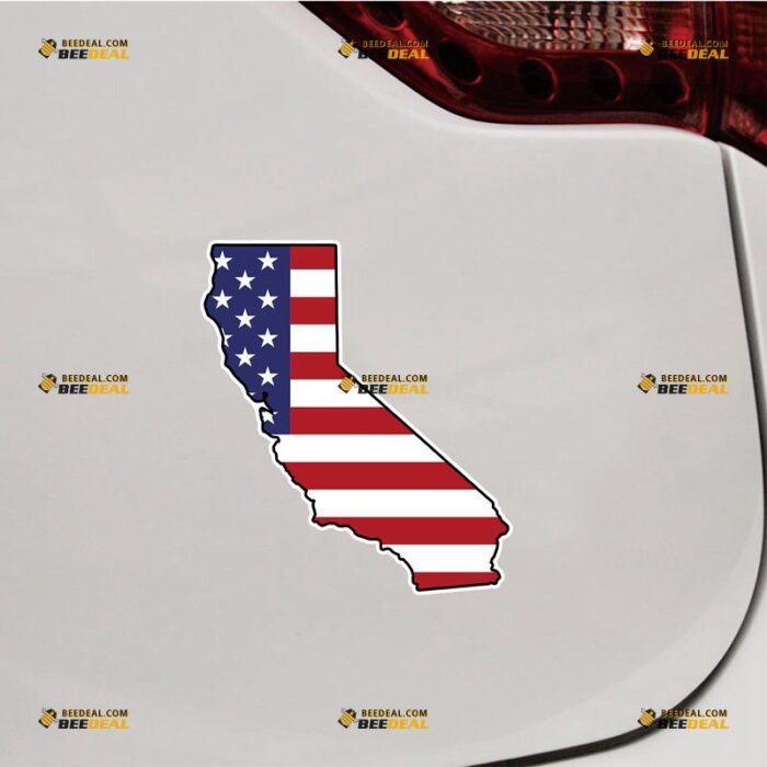 California Sticker Decal Vinyl Cali State Map Outline, American Flag – For Car Truck Bumper Bike Laptop – Custom, Choose Size, Reflective or Glossy 72531214