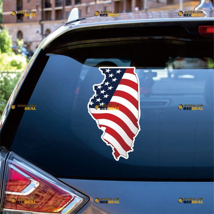 Illinois Sticker Decal Vinyl, IL State Map Outline, American Flag – For Car Truck Bumper Bike Laptop – Custom, Choose Size, Reflective or Glossy