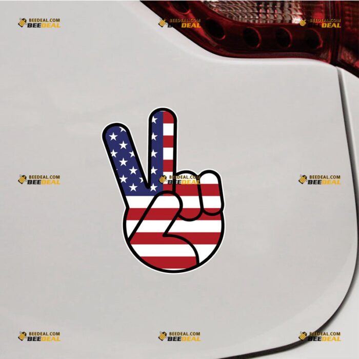 Peace Hand Sticker Decal Vinyl, American Flag Hand Gesture Sign – For Car Truck Bumper Bike Laptop – Custom, Choose Size, Reflective or Glossy 71632323