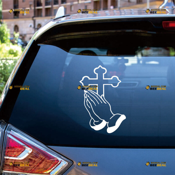 Praying Hands Sticker Decal Vinyl, God Christian Jesus Cross – For Car Truck Bumper Bike Laptop – Custom, Choose Size Color – Die Cut No Background