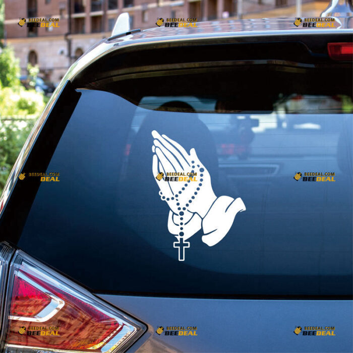 Praying Hands Sticker Decal Vinyl, Rosary Beads, God Christian Jesus Cross Catholic – For Car Truck Bumper Bike Laptop – Custom, Choose Size Color – Die Cut No Background