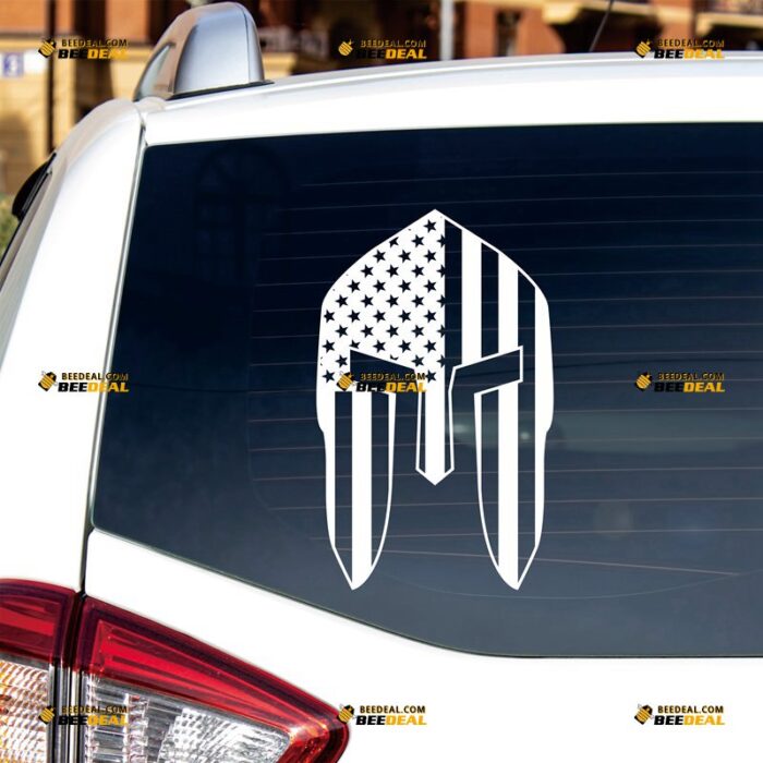 Spartan Helmet Sticker Decal Vinyl, American Flag Sparta Mask Molon Labe – For Car Truck Bumper Bike Laptop – Custom, Choose Size Color – Die Cut No Background