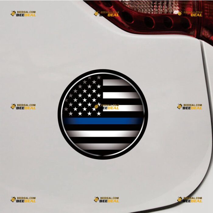 Thin Blue Line Sticker Decal Vinyl, American Flag Round Monochrome – For Car Truck Bumper Bike Laptop – Custom, Choose Size, Reflective or Glossy 72531512