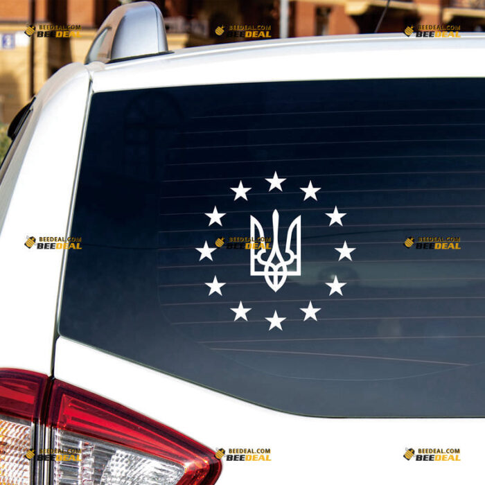 Ukraine Sticker Decal Vinyl, EU Flag, Coat Of Arms Tryzub, Ukrainian Trident – For Car Truck Bumper Bike Laptop – Custom, Choose Size Color – Die Cut No Background