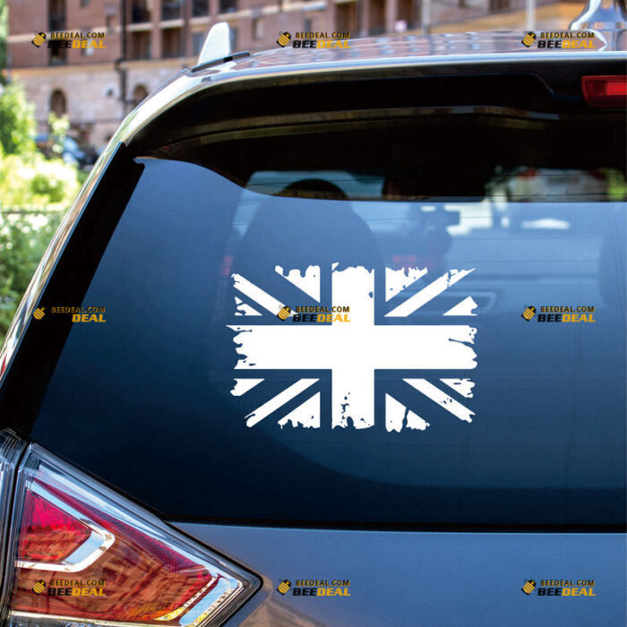 Union Jack Sticker Decal Vinyl, UK British Flag, Distressed Tattered Design Single Color – For Car Truck Bumper Bike Laptop – Custom, Choose Size Color – Die Cut No Background