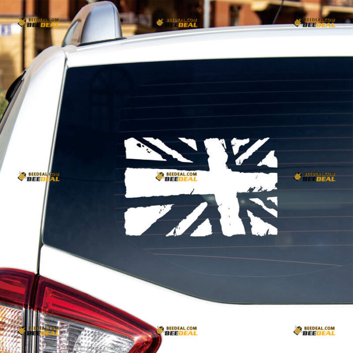 Union Jack Sticker Decal Vinyl, UK British Flag, Distressed Tattered Design Single Color – For Car Truck Bumper Bike Laptop – Custom, Choose Size Color – Die Cut No Background