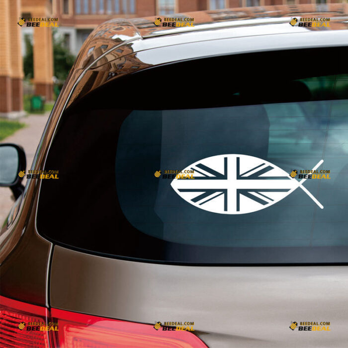 Union Jack Sticker Decal Vinyl, UK Flag Jesus Fish – For Car Truck Bumper Bike Laptop – Custom, Choose Size Color – Die Cut No Background