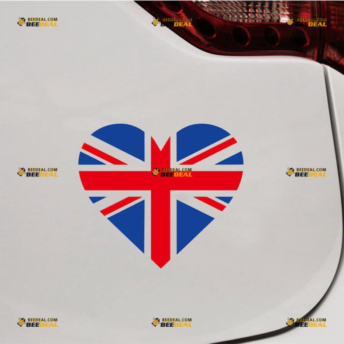 Union Jack Sticker Decal Vinyl, UK Flag Love My Country Heart – For Car Truck Bumper Bike Laptop – Custom, Choose Size – Die Cut No Background